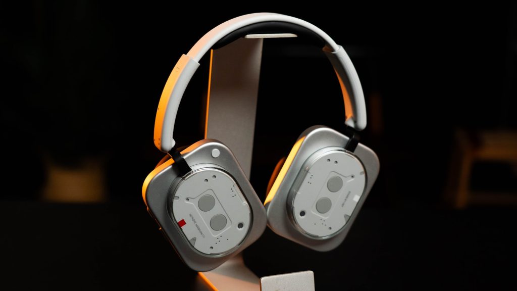 Headphones on a stand, ready to use.
